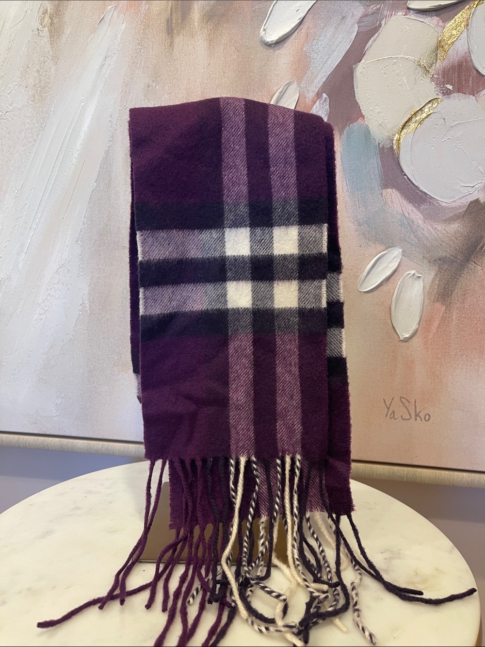 Burberry Purple Plaid Fringe Scarf